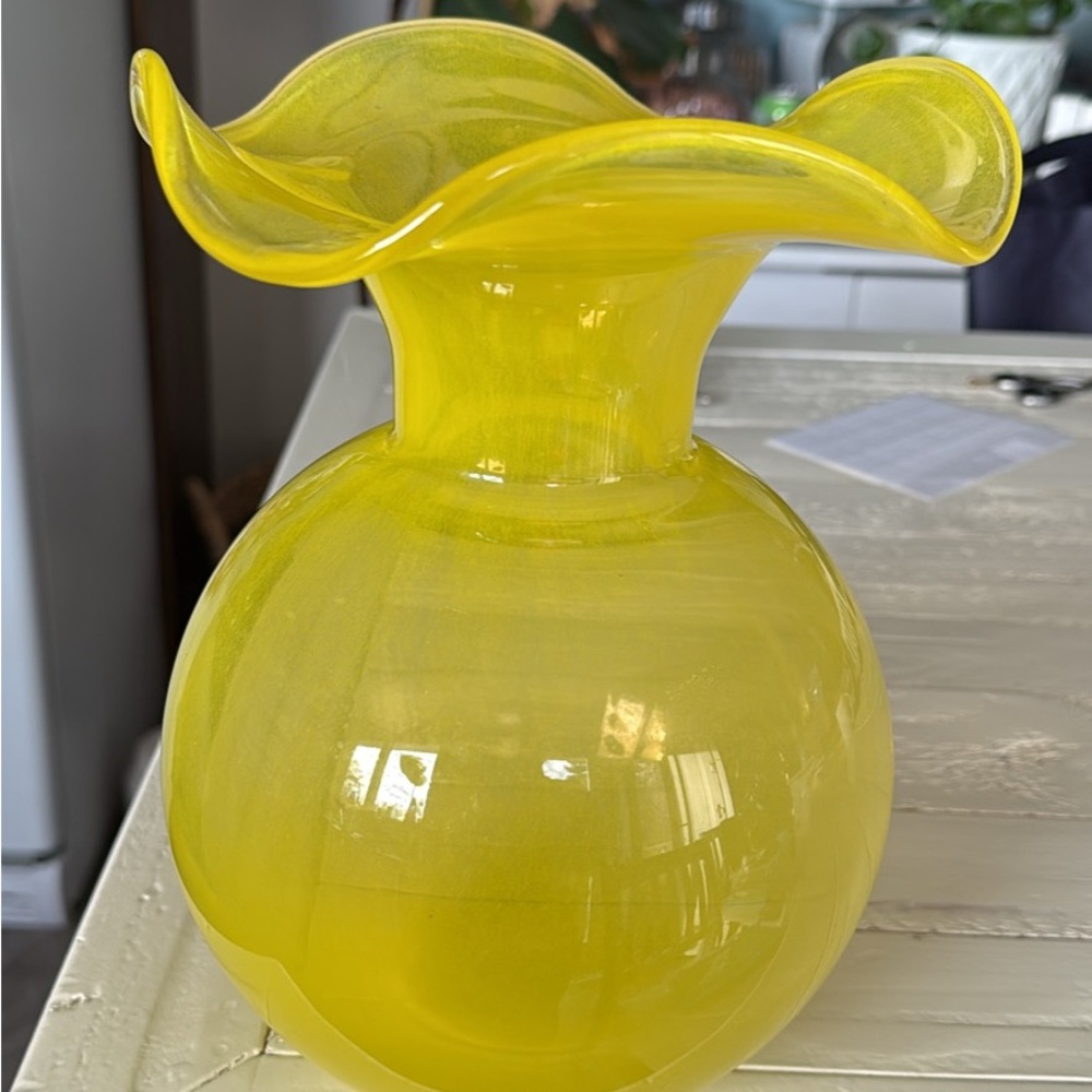 Blown yellow glass vase, commonly referred “ruffled edge" “handkerchief" vase